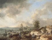 Philips Wouwerman, A Dune Landscape with a River and Many Figures